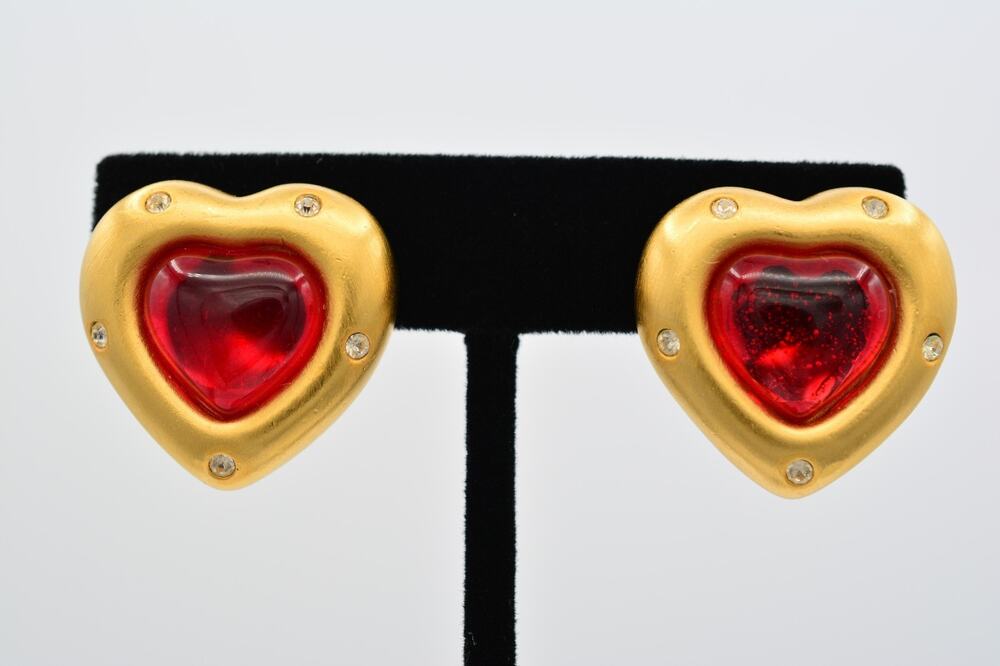 Givenchy Vintage Red Cabochon Heart Clip On Earrings Brushed Gold Signed BinAR